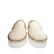 Symmetrical front perspective view of a pair of Christian Louboutin Boat woven espadrilles in pink, highlighting the clean slip-on silhouette.