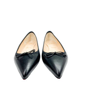 Front perspective view of a pair of Christian Louboutin Hall black leather flats against a white background, highlighting the sleek symmetrical silhouette.