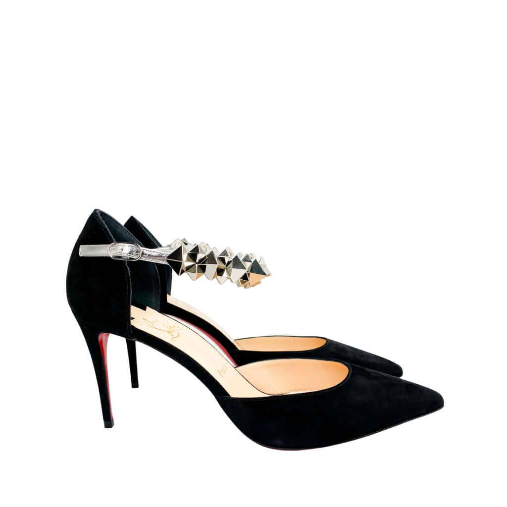 Right side three-quarter profile of the Christian Louboutin Planet Chic black suede pump, showcasing the 90mm stiletto heel line.