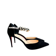 Right side three-quarter profile of the Christian Louboutin Planet Chic black suede pump, showcasing the 90mm stiletto heel line.
