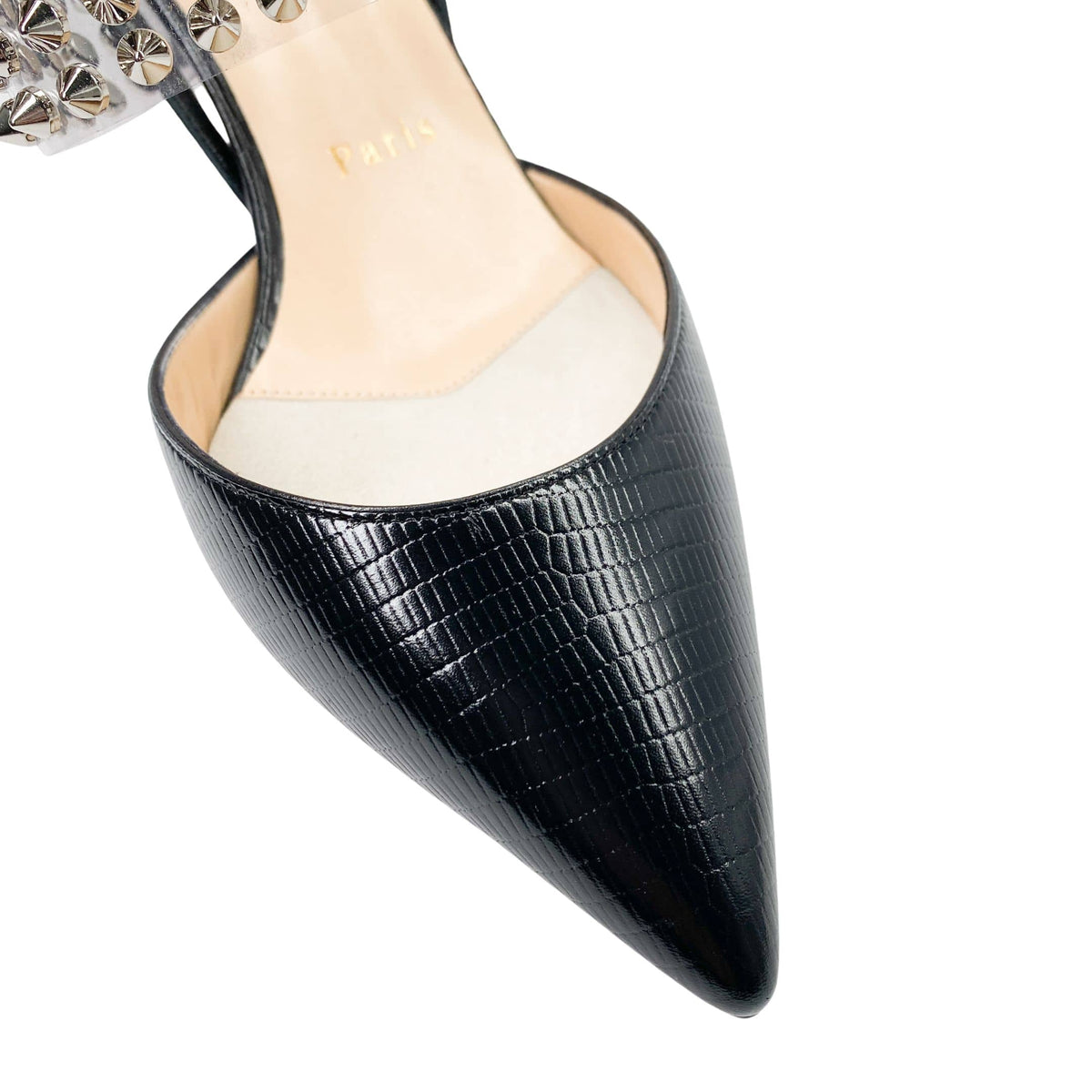Top-down front perspective of the Christian Louboutin Levita 55 pumps, showing the clean lines of the pointed toe and smooth beige inner lining.