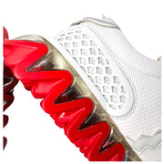 Macro close-up shot of the Christian Louboutin Loubishark sneaker upper, highlighting the mixed leather textures and technical mesh fabrics.
