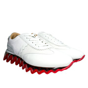 Angled side shot of the white Christian Louboutin Loubishark trainers, showcasing the sculpted mesh panels and clean white laces.