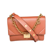 Studio front view of the structured Fendi Kan U brown leather handbag, displaying the clean lines of its envelope silhouette.