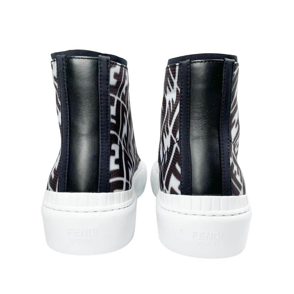 Back view of Fendi FF Vertigo high-top sneakers showing black leather heel strips and white rubber midsoles.