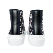 Back view of Fendi FF Vertigo high-top sneakers showing black leather heel strips and white rubber midsoles.