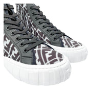Angled profile view of Fendi FF Vertigo high-top sneakers showcasing chunky white rubber midsole.