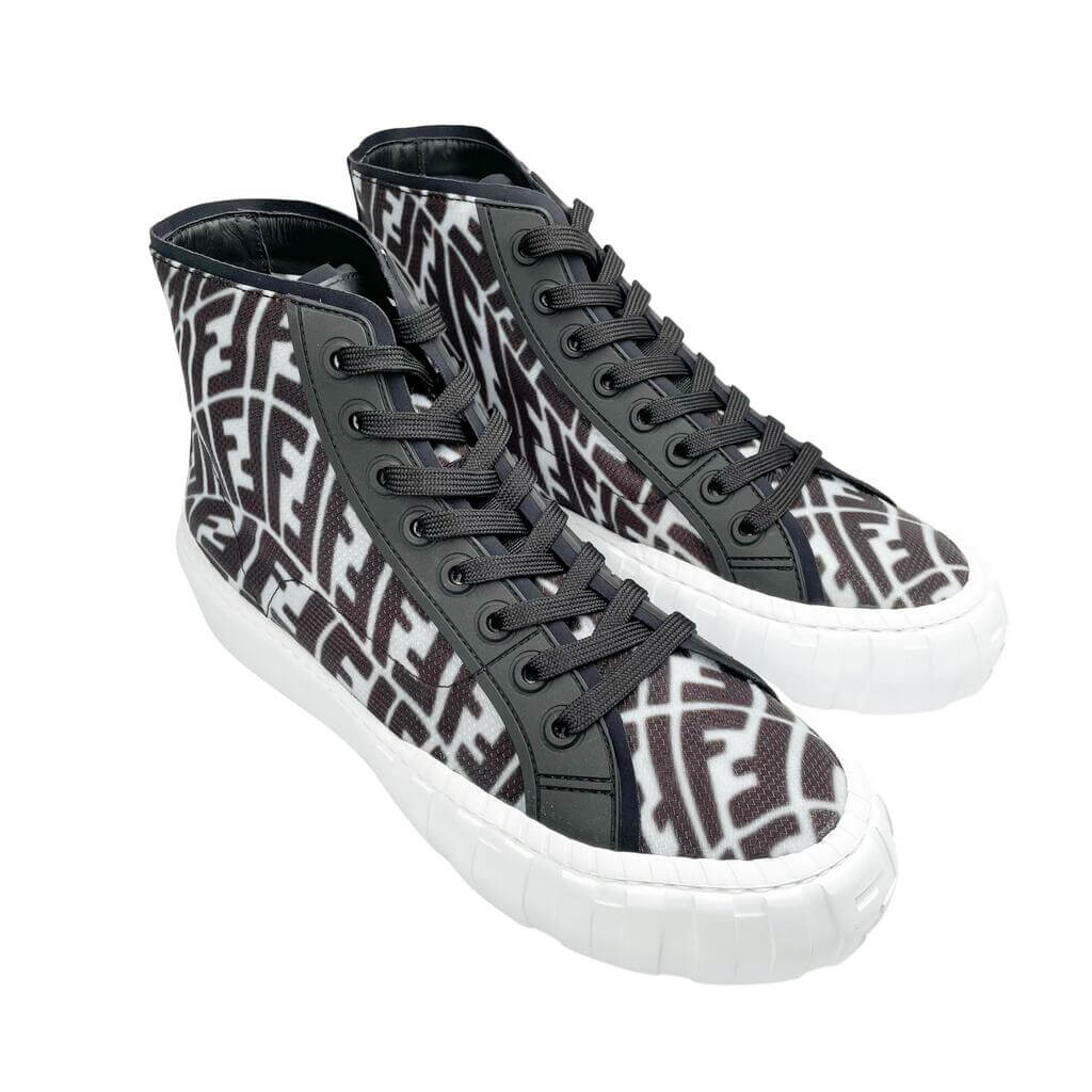 Three-quarter pair view of men's Fendi FF Vertigo black canvas high-top designer sneakers.