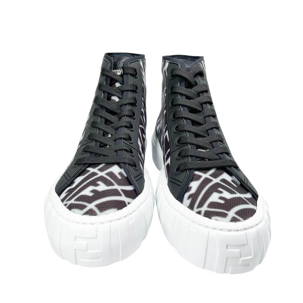 Front view of a pair of Fendi FF Vertigo high-top sneakers displaying black laces and round white toe caps.