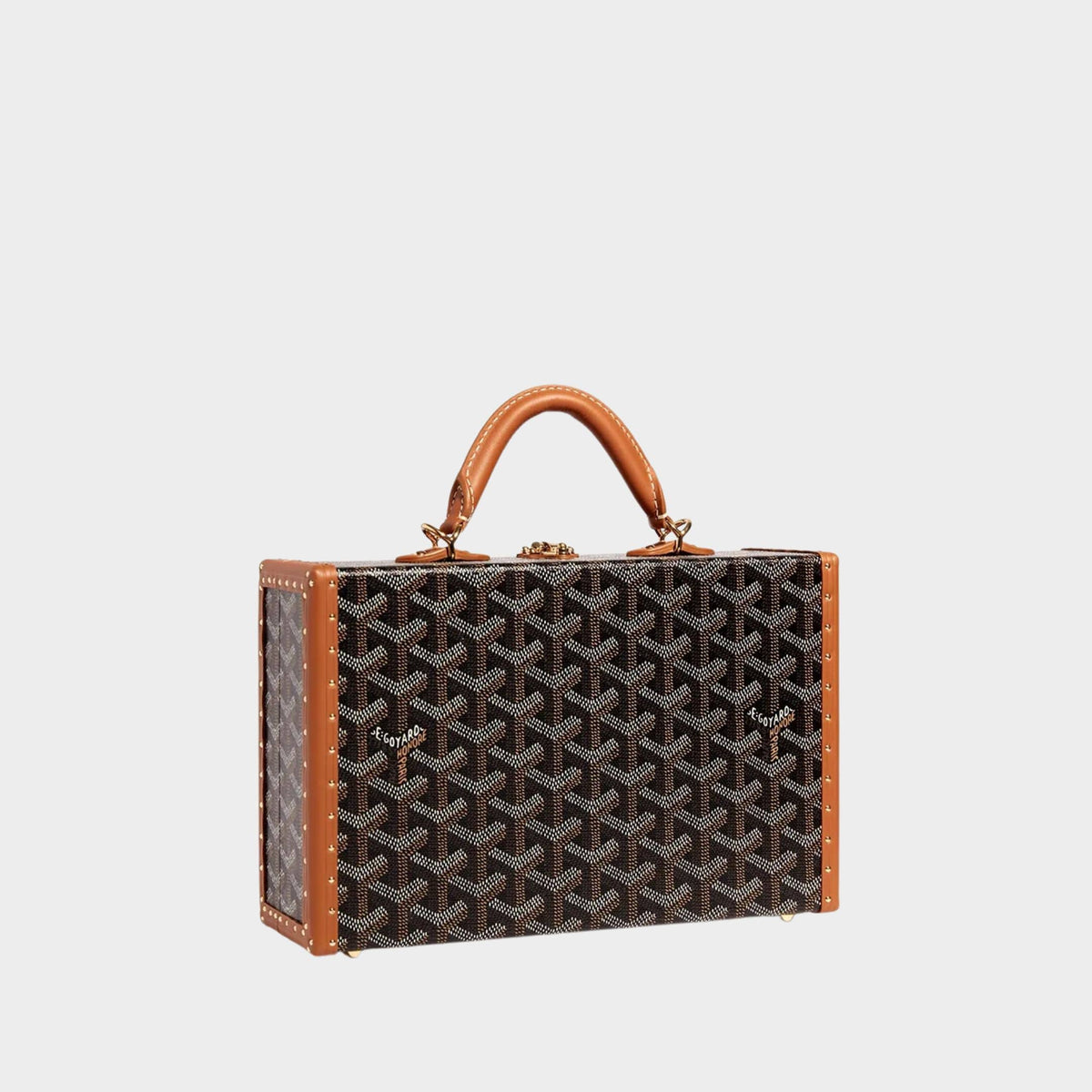 Goyard Grand Hôtel Trunk Bag in brown Goyardine canvas with tan leather top handle and trim.