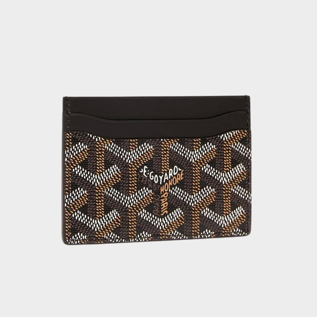 Goyard Saint-Sulpice Card Wallet in black Goyardine canvas with black leather trim and card slots.