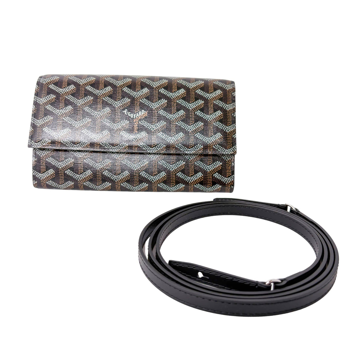 Front view of Goyard Varenne Continental Wallet featuring black hand-painted chevron pattern and removable leather strap.
