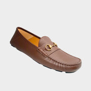 Gucci Men's Horsebit Loafers in brown leather featuring iconic gold-tone horsebit detail and almond toe.