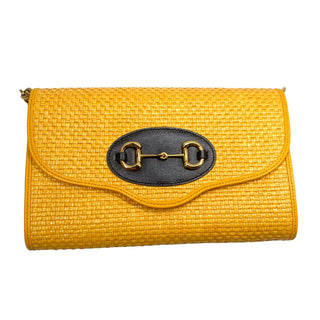 Gucci crossbody bag in yellow raffia with horsebit and chain strap