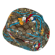 Top-down view of Gucci x Disney Donald Duck bucket hat highlighting crown stitching and full all-over character print