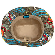 Interior view of Gucci x Disney Donald Duck bucket hat showing beige fabric lining, crown construction, and internal brand tag