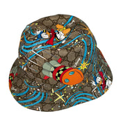 Side profile view of Gucci x Disney Donald Duck bucket hat displaying continuous GG Supreme monogram and Disney illustration pattern