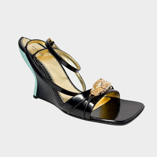 Gucci Dora Tiger head wedges black with teal heel