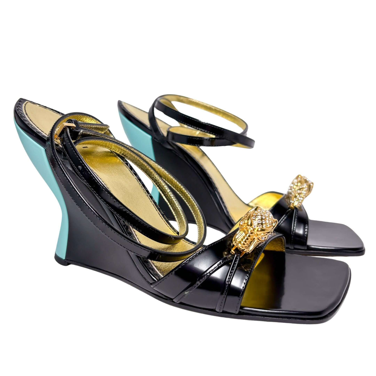 Gucci Dora Tiger head wedges black with teal heel