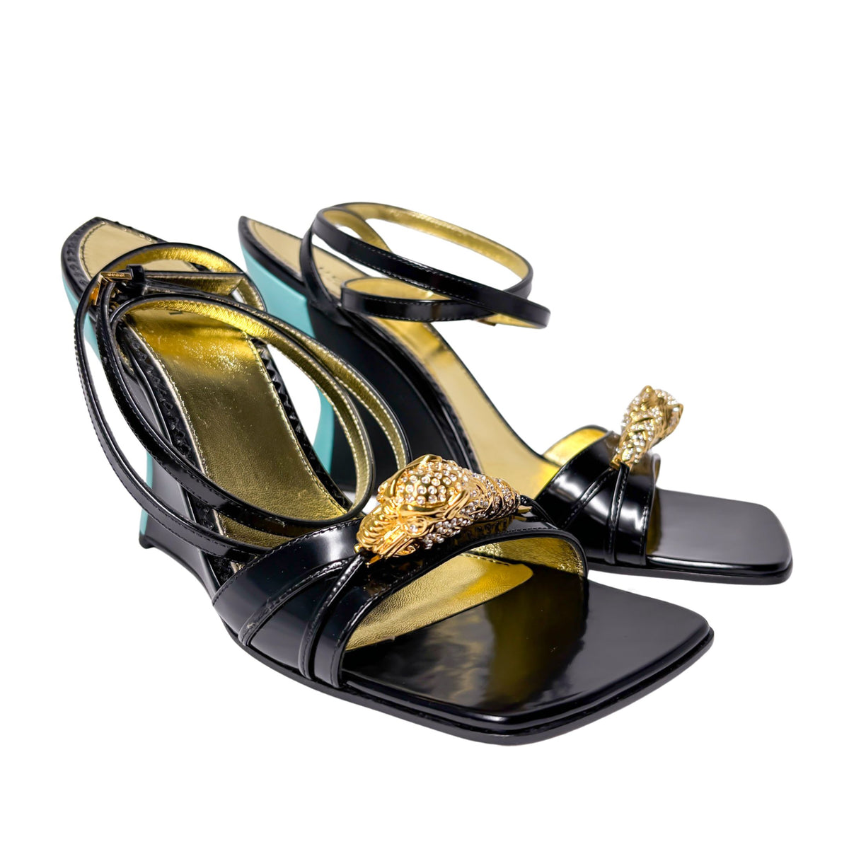 Gucci Dora Tiger head wedges black with teal heel