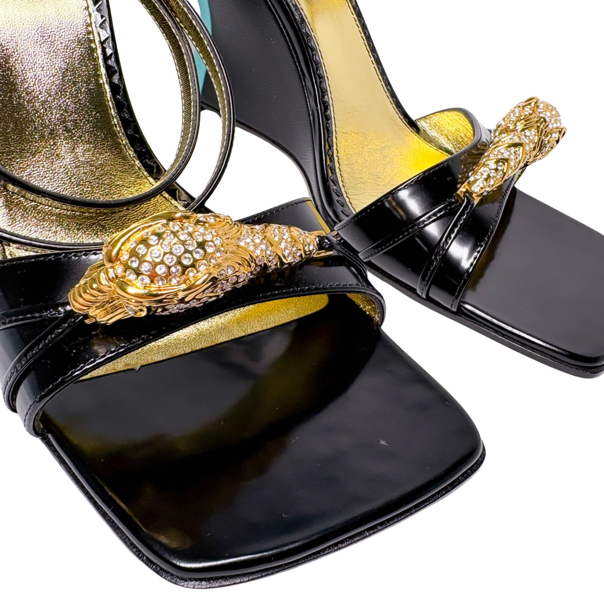 Gucci Dora Tiger head wedges black with teal heel