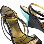 Gucci Dora Tiger head wedges black with teal heel