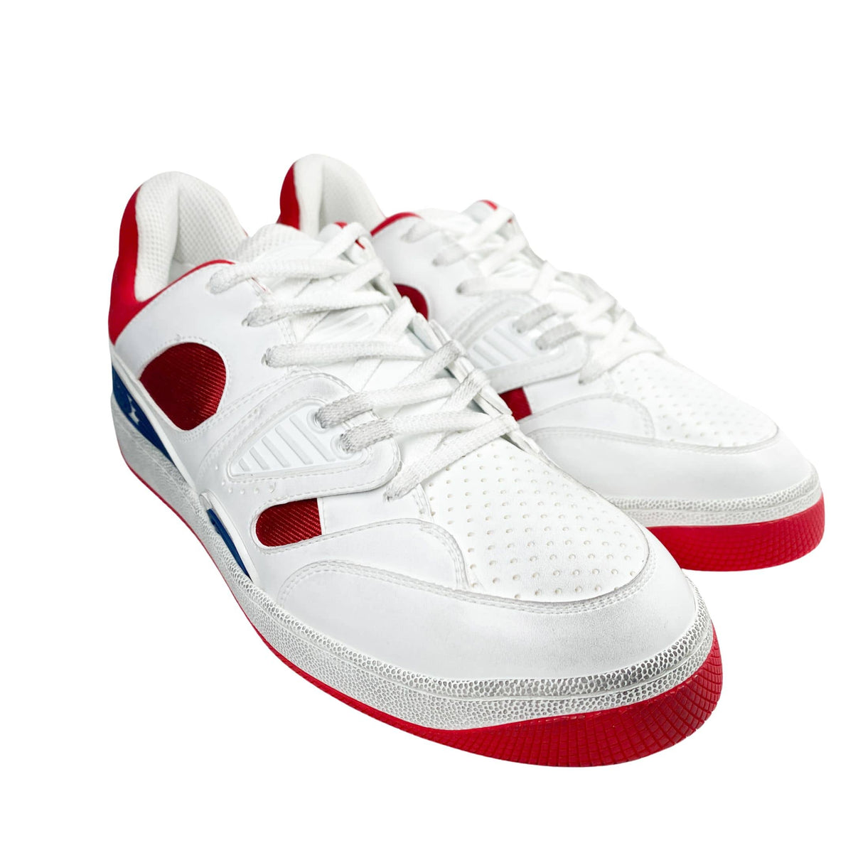 Three-quarter angled pair view of men's Gucci Flashtrek white and red chunky retro designer sneakers.