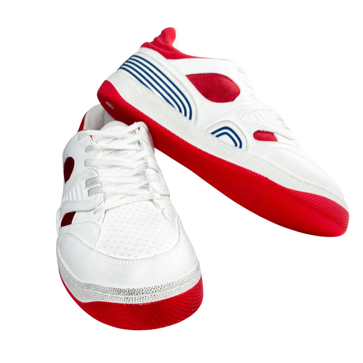 Low-angle perspective view of Gucci Flashtrek men's sneakers highlighting chunky red outsole edge.