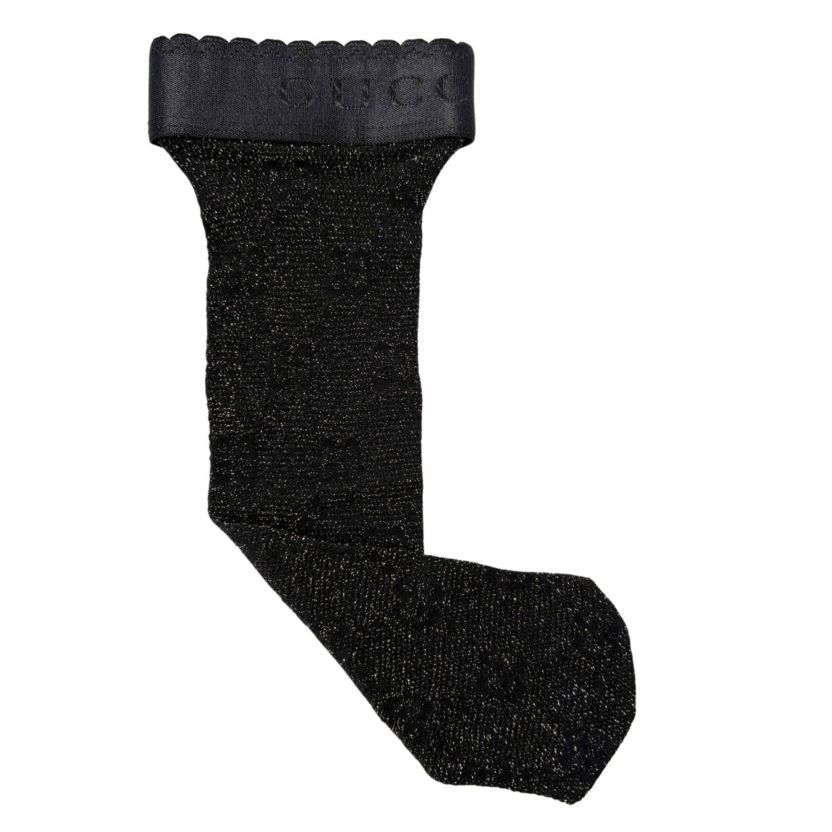 Flat lay view of the black Gucci GG monogram net stockings showcasing the overall silhouette and structured toe construction.