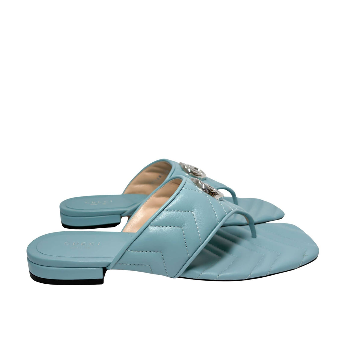 Gucci Marmont Charlotte sandals in foggy sky with silver-tone hardware