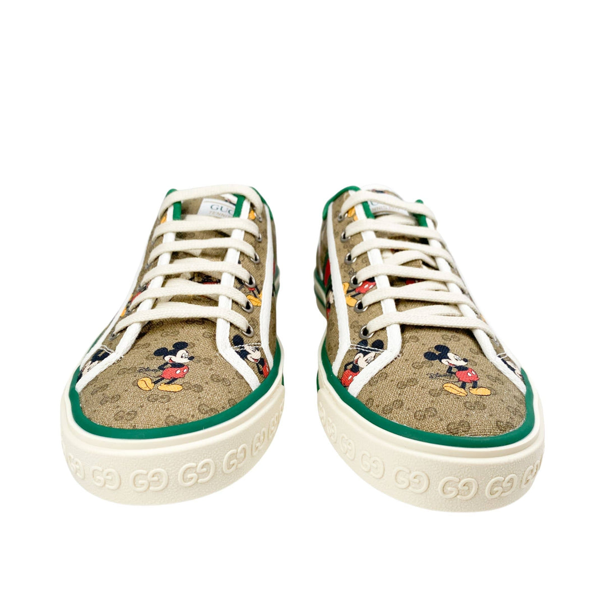 Front view of a pair of Gucci x Disney Mickey Mouse 1977 canvas sneakers with white laces.