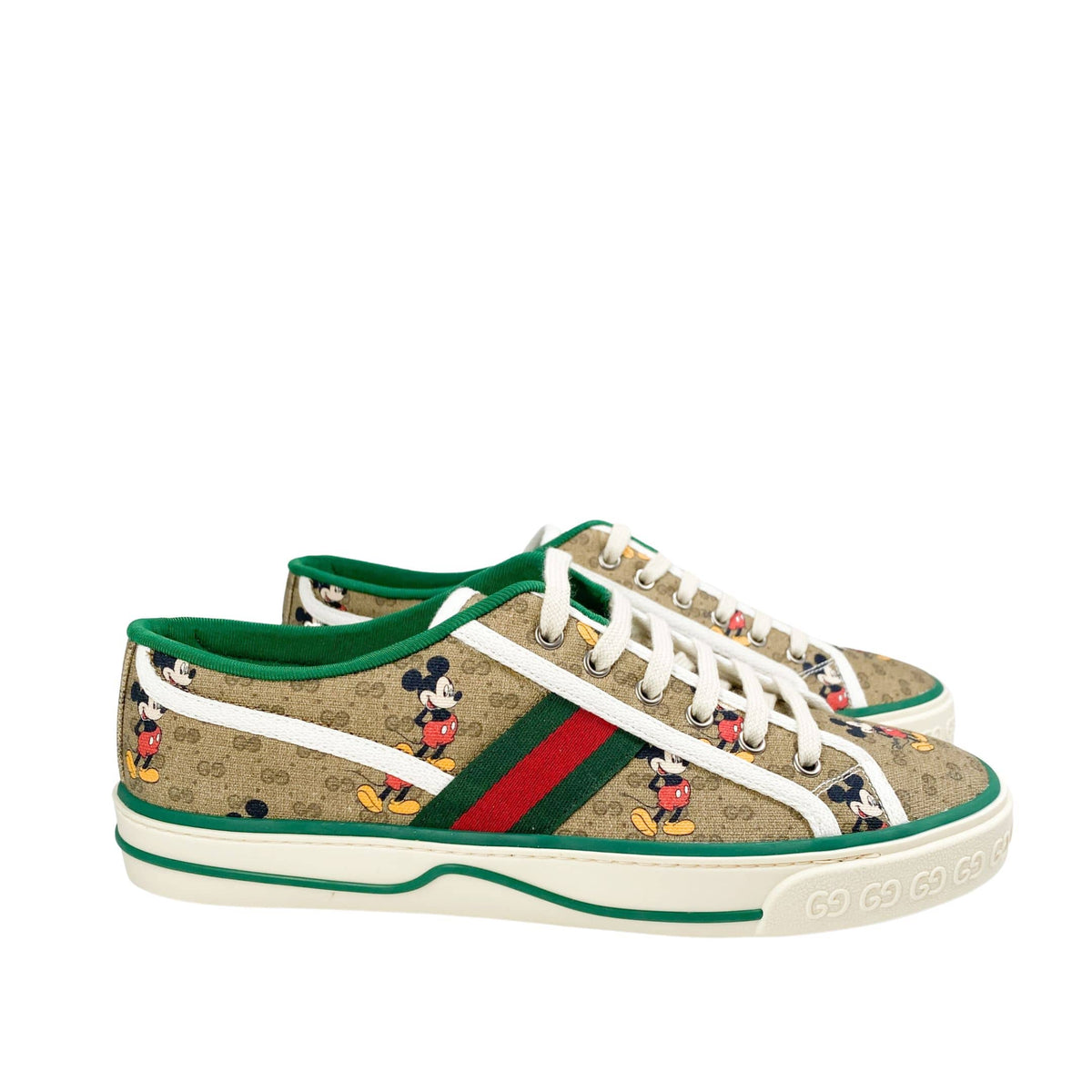 Back view of Gucci x Disney Mickey Mouse Tennis 1977 sneakers displaying green rubber heel trim.