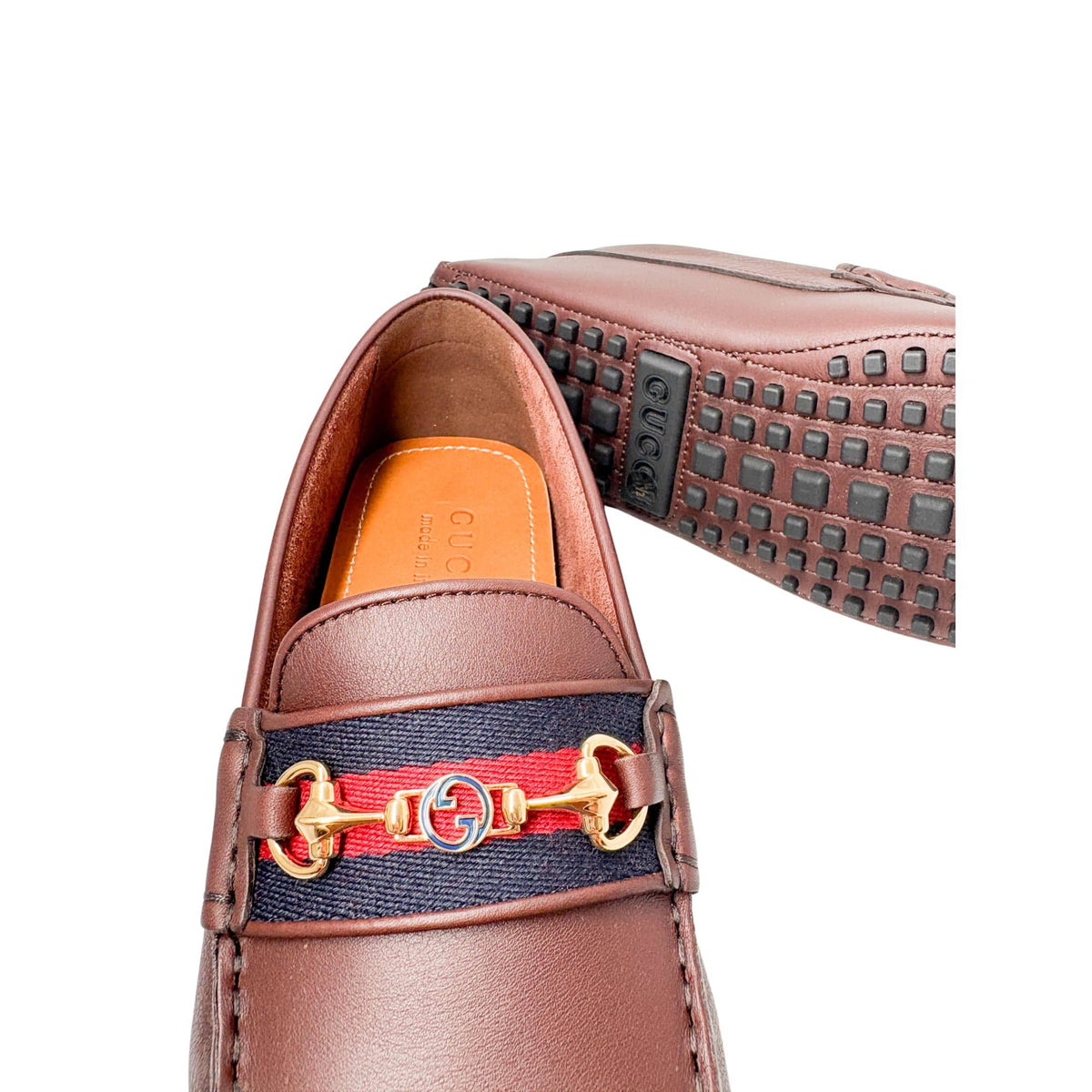 Gucci Moccasin Loafers brown leather with web strap and horsebit