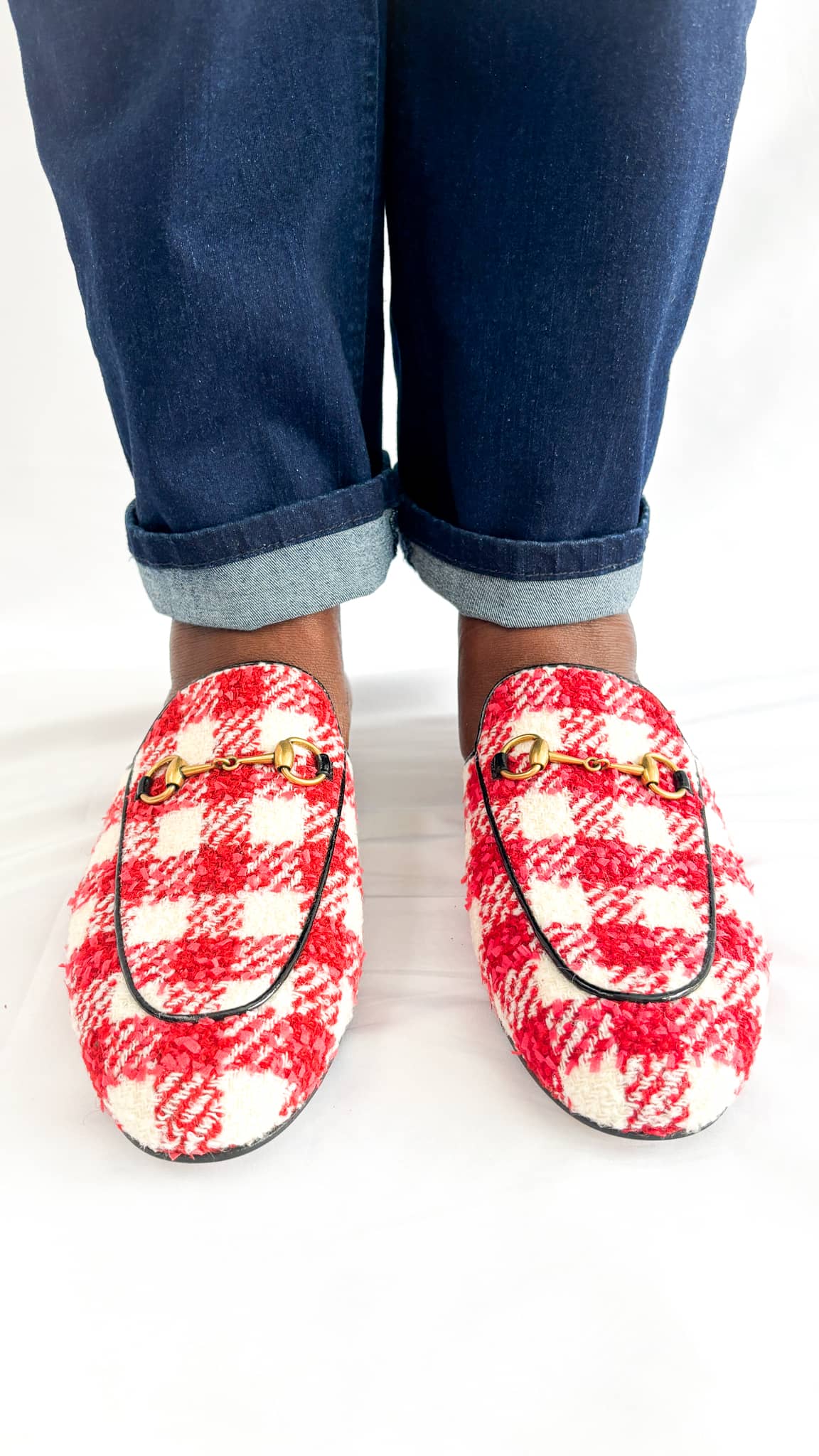Front view of Gucci Princetown Mules in multicolour tweed - elegant women’s designer footwear with timeless Gucci craftsmanship