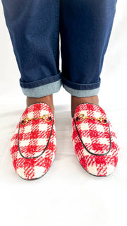 Front view of Gucci Princetown Mules in multicolour tweed - elegant women’s designer footwear with timeless Gucci craftsmanship