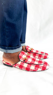 Side view of Gucci Princetown Mules in multicolour tweed - elegant women’s designer footwear with timeless Gucci craftsmanship