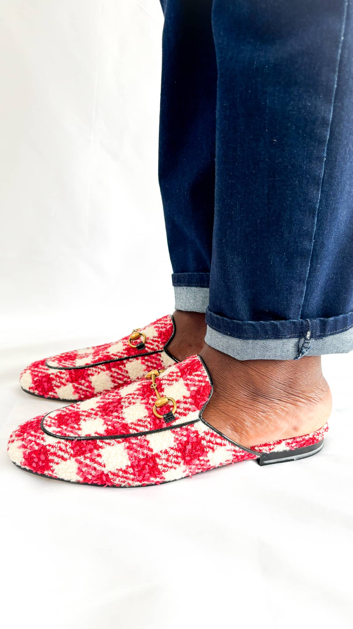 Right-hand side of Gucci Princetown Mules in multicolour tweed - elegant women’s designer footwear with timeless Gucci craftsmanship