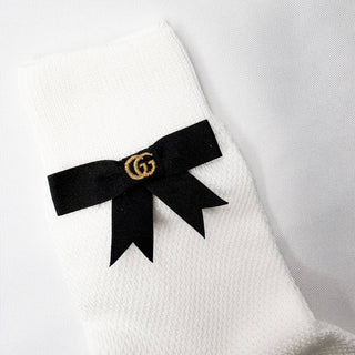 Gucci White Socks with Black Bow and Gold GG Embroidery