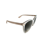 Side profile of Gucci silver sunglasses showcasing sleek metallic temple arm and frame construction