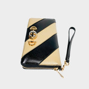 Gucci Zumi zip-around wallet in black and beige diagonal striped leather with mixed gold and silver Interlocking G Horsebit logo