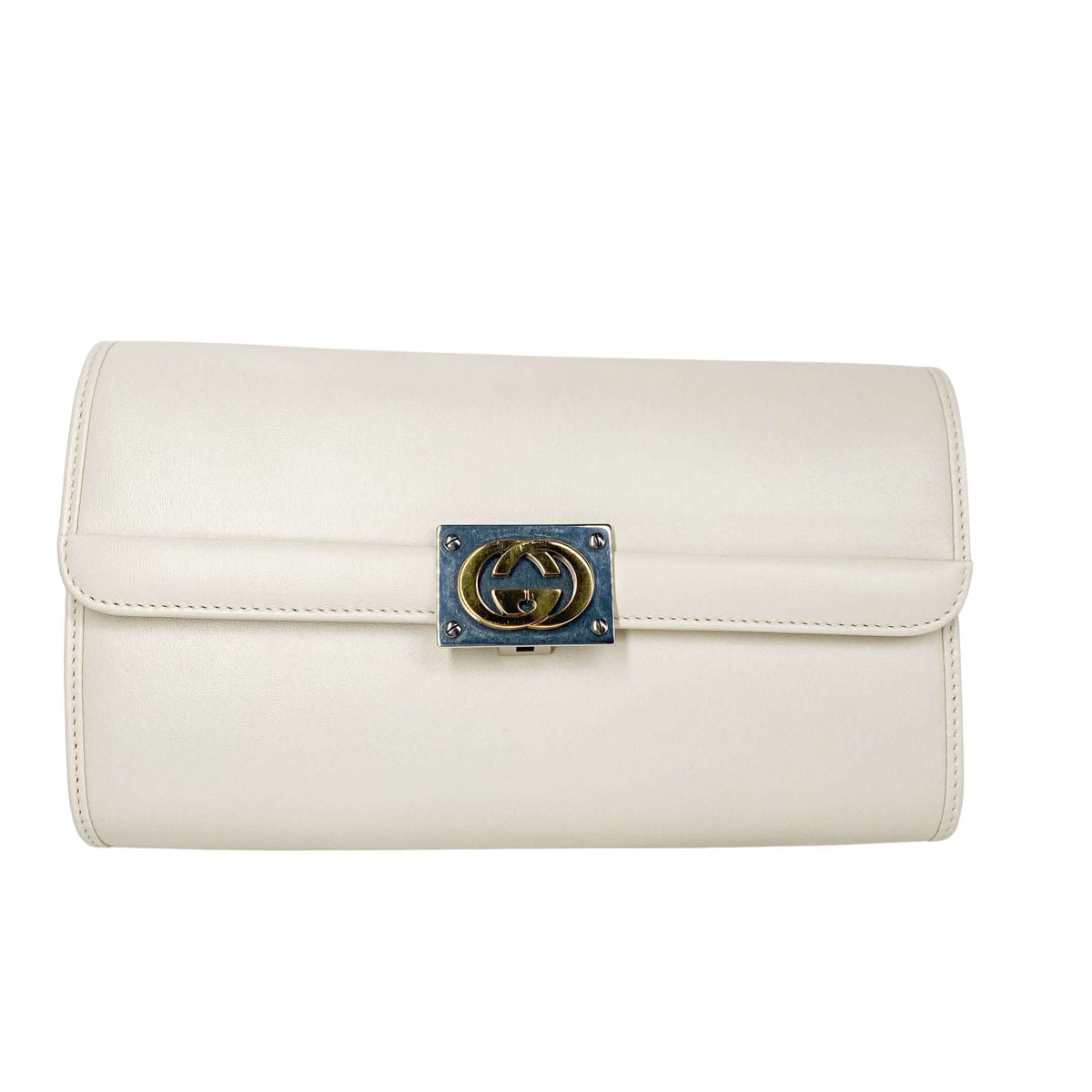 Luxury Gucci white clutch bag crafted from smooth leather, featuring interlocking GG emblem and mixed metal finish, authenticated by Glamorizta