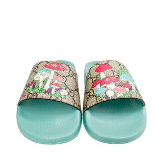 Gucci GG and mushroom print pool slides for kids with turqouoise sole