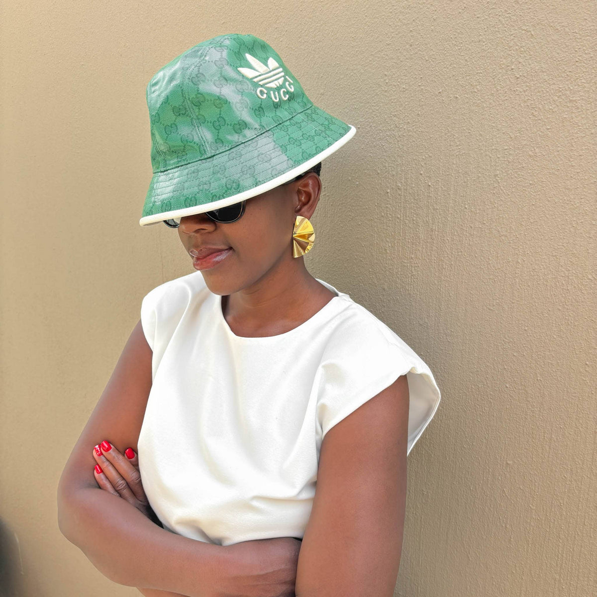 Gucci x Adidas Bucket Hat in green and white - luxury designer collaboration featuring iconic trefoil and GG monogram, available at Glamorizta South Africa
