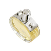 Angled side view of the Hermès Barénia perfume bottle showcasing the curved glass contours and metallic hardware.
