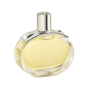 Front view of the Hermès Barénia Eau de Parfum bottle highlighting the warm golden liquid and silver cap detail.