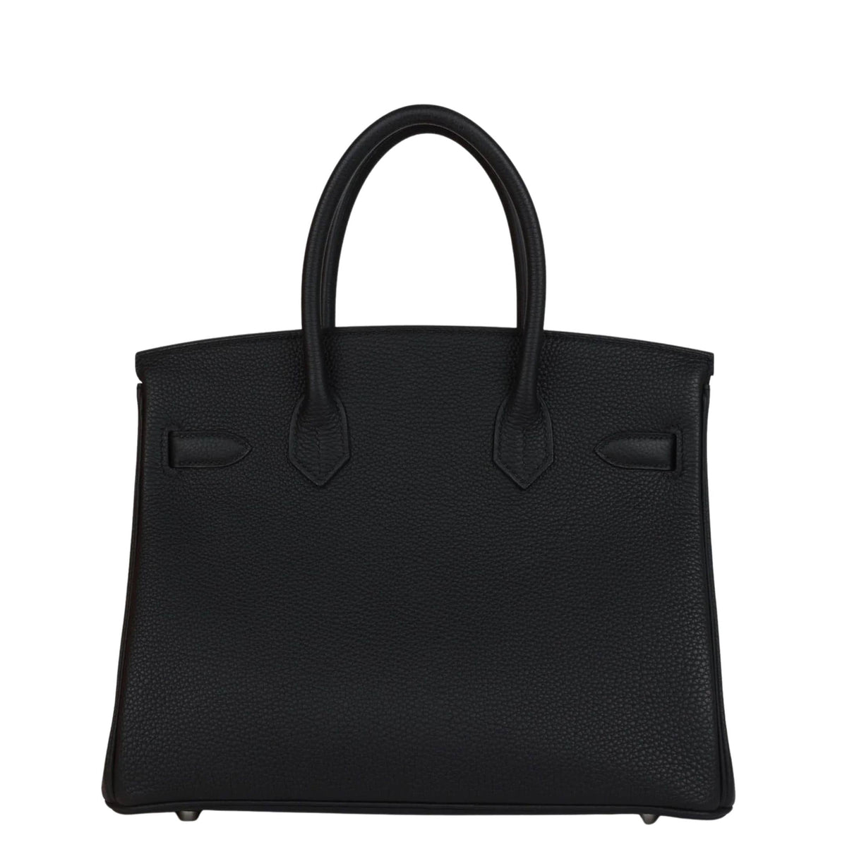 Rear view of Hermès Birkin 30 handbag in black Togo leather showcasing clean paneling and sturdy rolled handles.