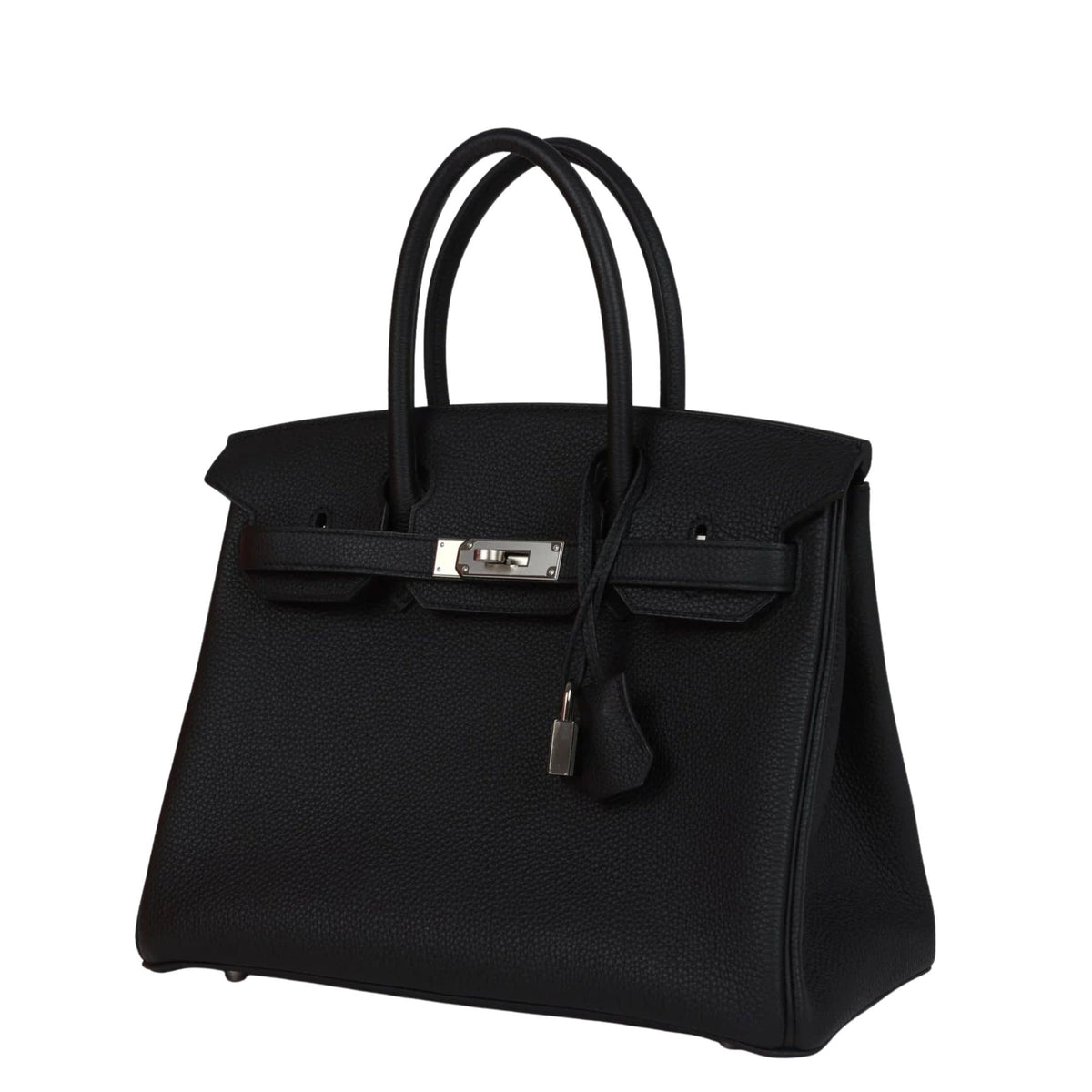 Three-quarter view of Hermès Birkin 30 handbag in black Togo leather with palladium-plated turn-lock closure.