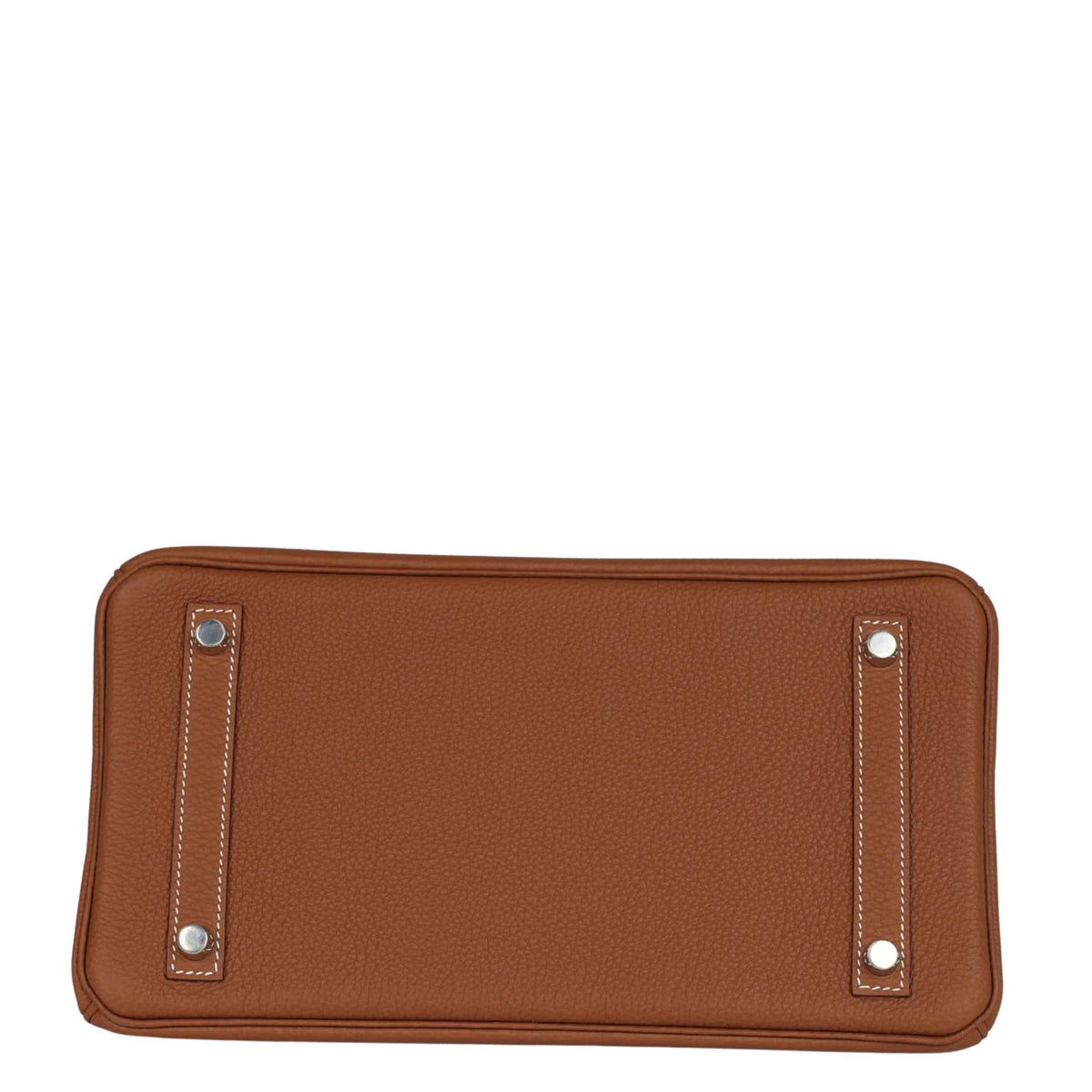 Bottom base view of Hermès Birkin 30 in Gold Togo leather displaying four protective silver palladium purse feet studs.