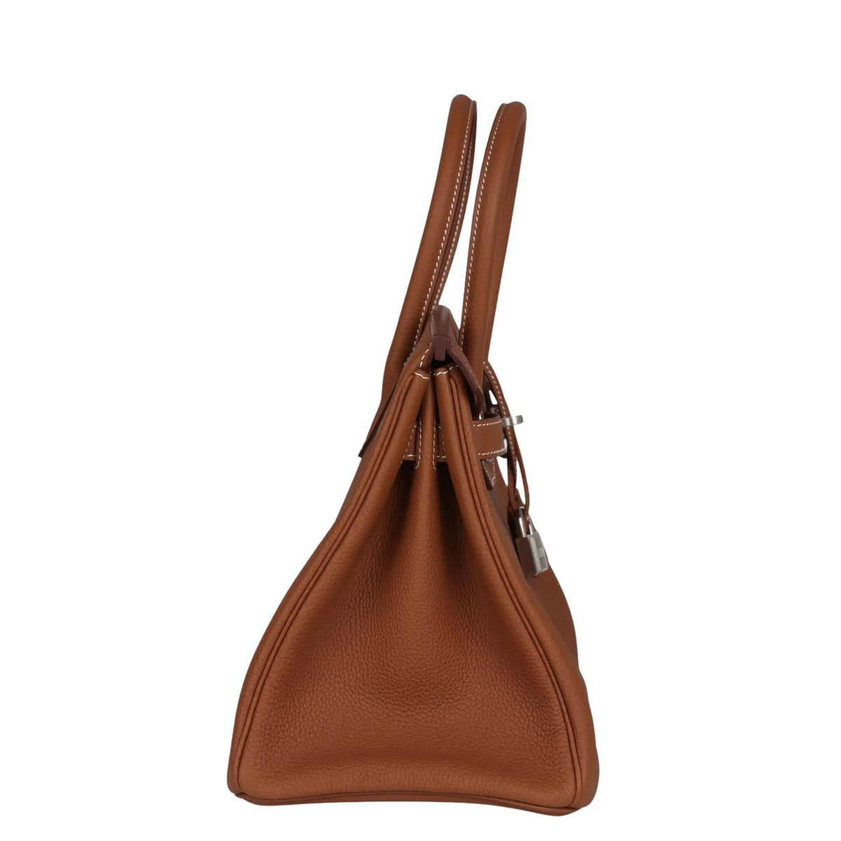 Side profile view of Hermès Birkin 30 bag in Gold Togo leather showing structured side gussets and clean edge stitching.