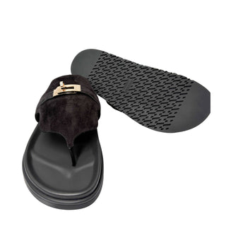 Hermes Empire sandals black suede with champagne goldt-toned Kelly lock hardware